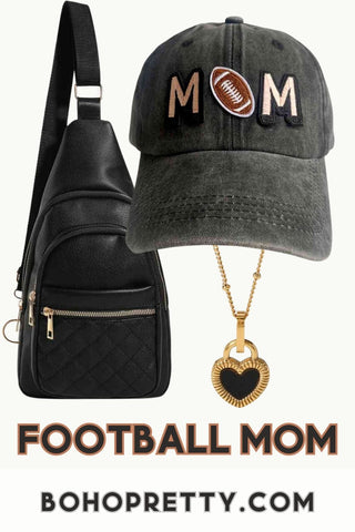 Football Mom, ball cap, shop the look, accessories, heart necklace, black sling bag, Boho Pretty
