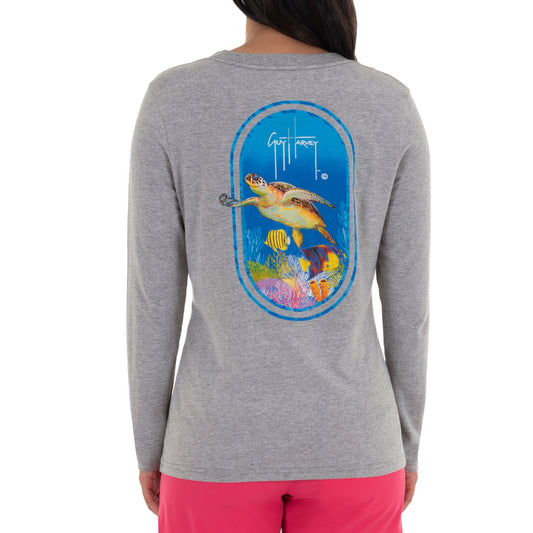 Guy Harvey Women's Graphic Long Sleeve V-Neck T-Shirt, Lupine/Reef