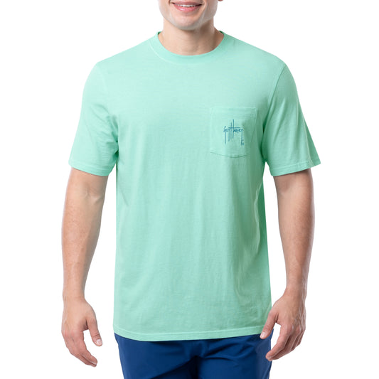 Guy Harvey Barracuda Men's Back-Print Tee w/ Pocket in Ocean Blue,  Stonewashed Green, Graphite, Black or White