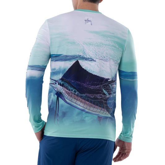 Guy Harvey | Men's Jumping Bass Sun Protection Long Sleeve Shirt, Medium