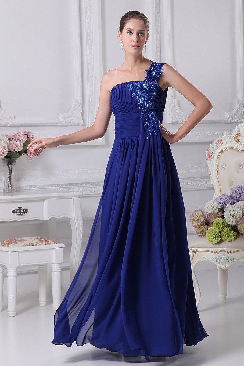 Sky Blue One Shoulder Train A-line Prom Evening Dress