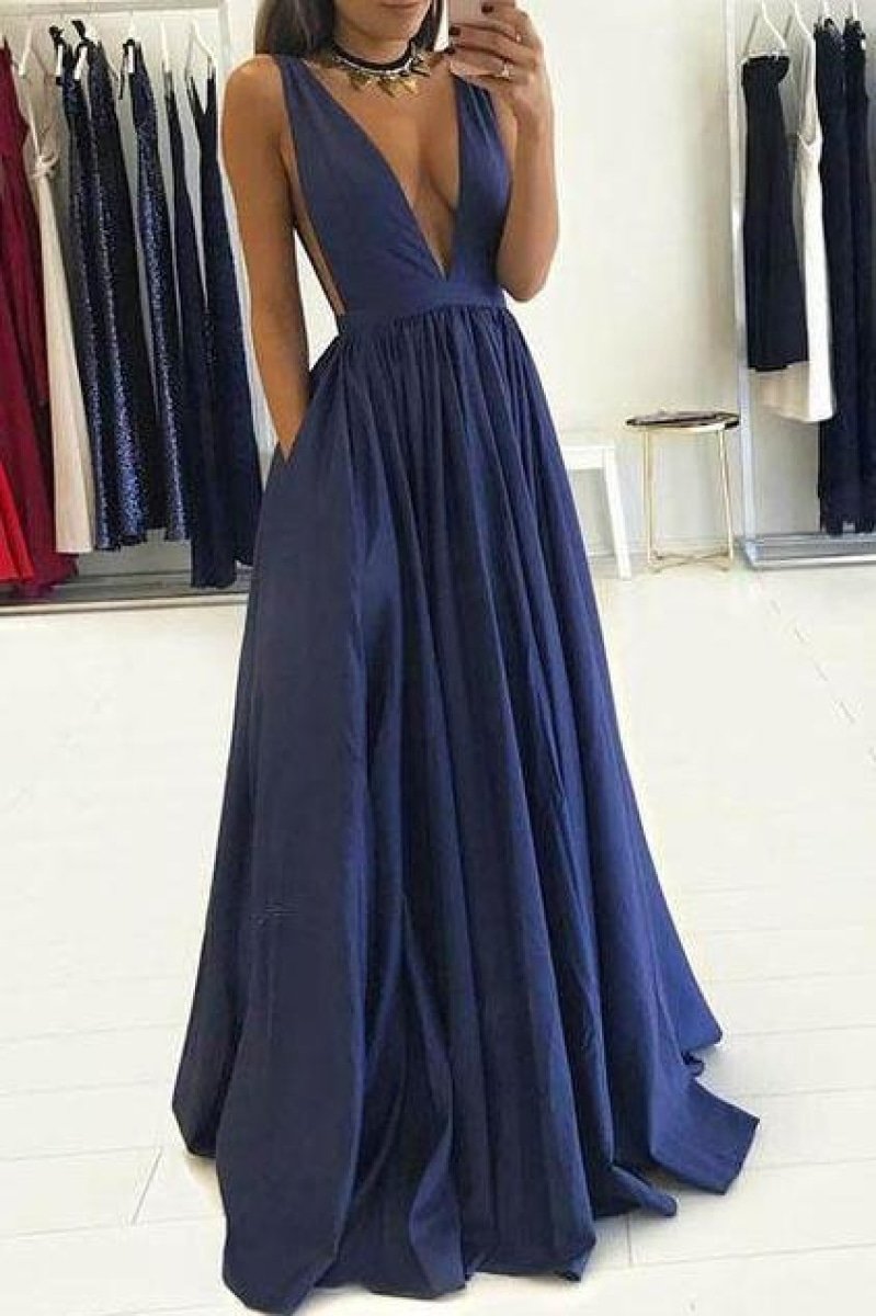 A Line V Neck Backless Navy Blue Long Prom Dresses with High Slit, Backless  Navy Blue Formal Dress, Navy Blue Evening Dress