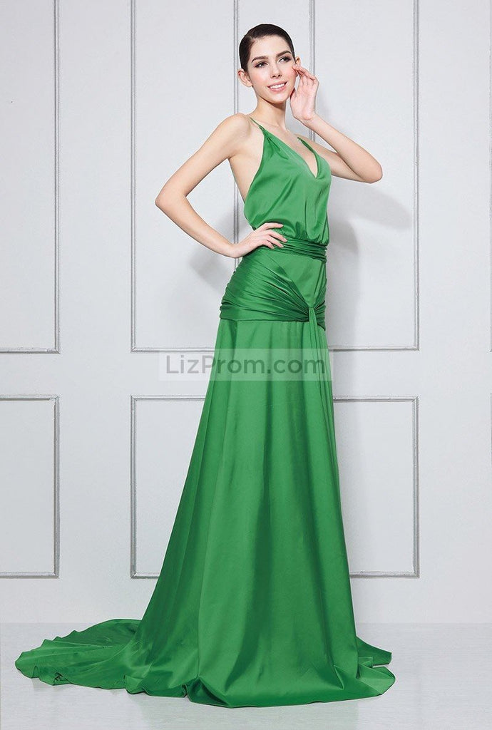 Green V-neck Spaghetti Straps Ruffled Prom Dress – Lovost