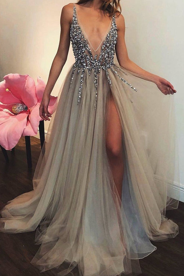 Grey Sexy Deep V-neck Thigh-high Slit Beaded Prom Dress – Lovost