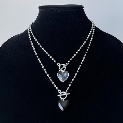 Two Tone Heart Necklace - Black Enamel and Pearl - KAMARIA