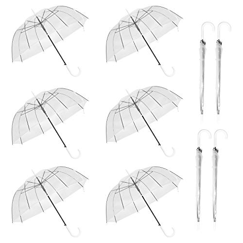 Photo 1 of  12 Pack 34 Inch Clear Bubble Umbrella Large Canopy Transparent Stick Umbrellas Auto Open Windproof with White European J Hook Handle Outdoor Wedding Style Umbrella for Adult