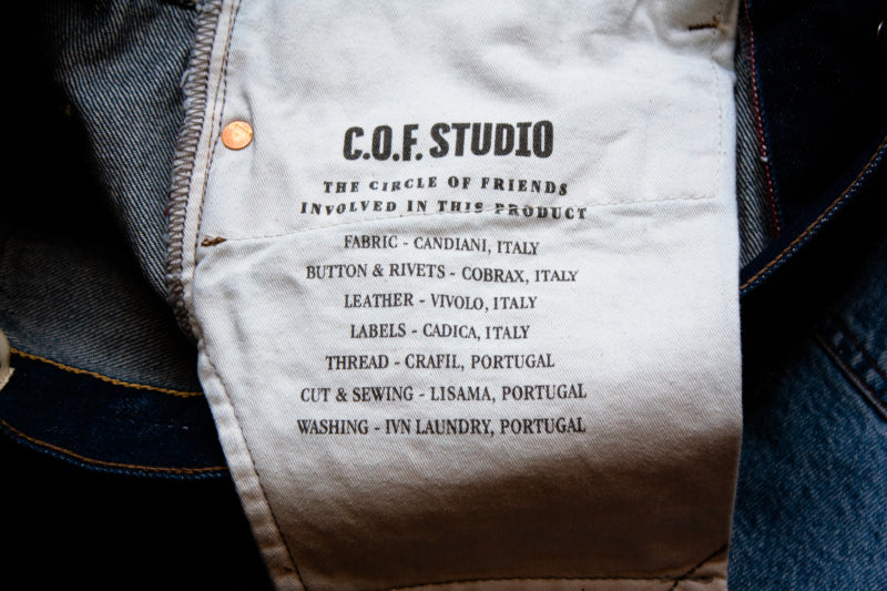 A Circle of Friends (C.O.F.) pocket back including the origins of all components of the jean.
