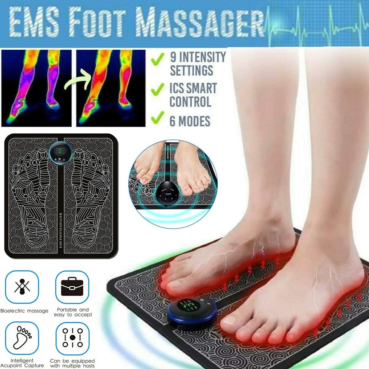 EMS Electric Foot Massager Dual Foot Massage Pad Feet Muscle Stimulato ...