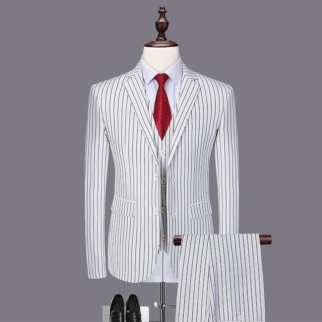 Mens Pinstripe Suit Slim Fit Casual Dress Suits Blazer + Vest + Pants ...