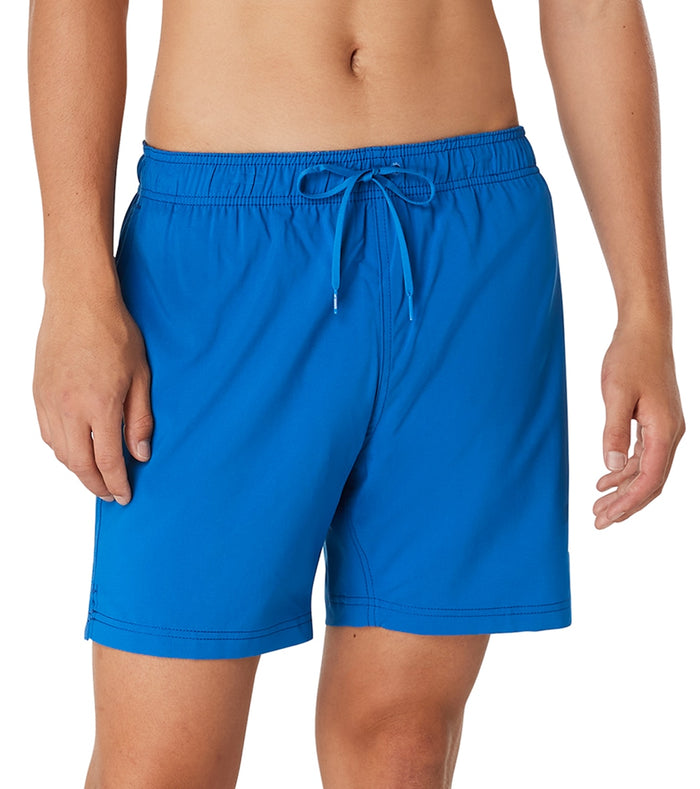 A pair of blue men's swim trunks. The focus is on the design and fit, highlighting features such as the elastic waistband, drawstring, and length.