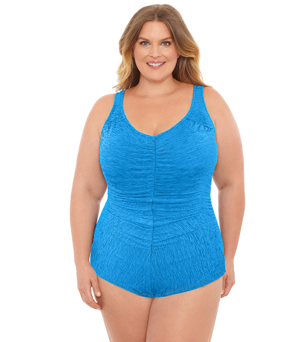 Chlorine Resistant Krinkle Textured Solid Twist Front Long Torso One Piece, One Piece