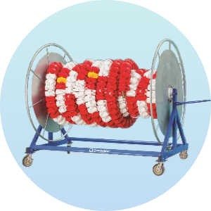Swimming lane line storage reel with red and white lane dividers, designed for easy transport and organization of pool lanes. Ideal for competitive swimming pools and aquatic facilities.