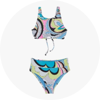 Two-piece women's swimsuit with a colorful, abstract pattern featuring blue, pink, yellow, and black swirls. The set includes a high-neck top with a tie-front detail and matching high-waisted bottoms.