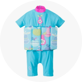 Children's blue swimwear with attached floatation aids, featuring colorful apple and butterfly patterns. The suit includes short sleeves and legs, with a high collar in pink.