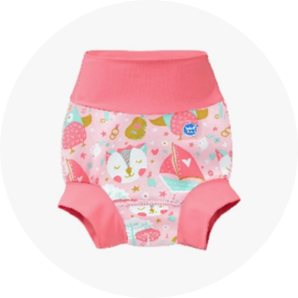 Colorful swim diaper with pink waistband and leg openings, featuring playful nautical and animal-themed designs. Ideal for young swimmers, providing comfort and protection in the water.