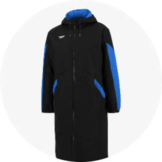 Black and blue long swim parka with hood and front zipper, designed for warmth and comfort before and after swimming. Ideal for competitive swimmers and outdoor water activities.