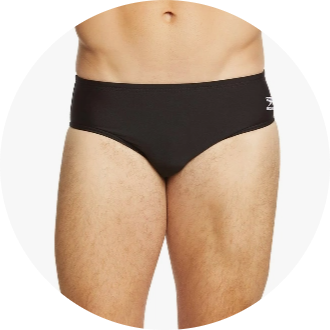 Male model wearing black swim briefs, showcasing the fit and style. Ideal for competitive swimming and training sessions.