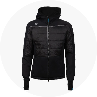 Black hooded jacket with quilted panels and front zipper, designed for warmth and comfort. Ideal for swimming enthusiasts looking for stylish and functional outerwear.