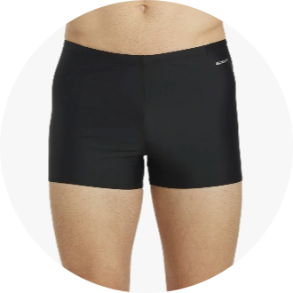 Men's black swim trunks with a fitted design, ideal for competitive swimming. The swimwear showcases a comfortable and streamlined fit.