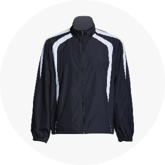 Black athletic jacket with white accents on the shoulders and sides, featuring a full-zip front and elastic cuffs. Ideal for swimming warm-ups and outdoor activities.