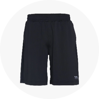 Black athletic shorts with an elastic waistband and a small logo on the lower left leg. Ideal for swimming and other sports activities.