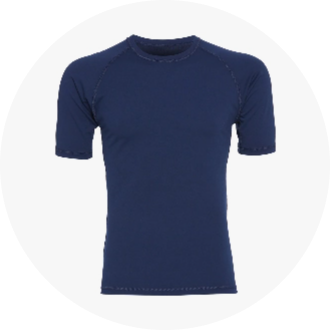 Navy blue short-sleeve athletic shirt with raglan stitching, designed for optimal performance and comfort. Ideal for swimming and other sports activities.