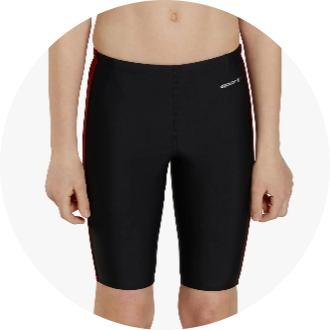 Black knee-length swim jammers with red side panels, designed for competitive swimming. The swimwear features a sleek and snug fit, ideal for reducing drag in the water.