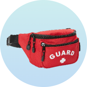 Red lifeguard fanny pack with multiple zippered compartments and "GUARD" text printed on the front. Ideal for carrying essential items while on duty.