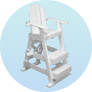 White lifeguard chair with a high backrest and sturdy steps, set against a light blue background. Ideal for poolside safety and supervision.