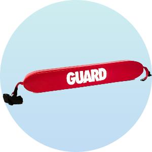 Red lifeguard rescue tube with "GUARD" text in white, featuring adjustable straps. Ideal for lifeguards and swim safety professionals.