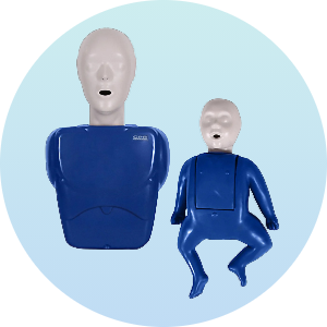 Adult and infant CPR training manikins with blue torsos and white heads, designed for effective CPR practice. Ideal for lifeguard training and emergency response preparation.