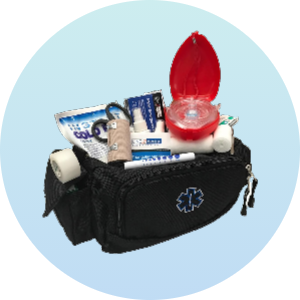 First aid kit with a black pouch featuring a medical symbol, containing various emergency medical supplies including bandages, antiseptic wipes, and a red case. Ideal for swimmers and athletes for quick access to essential first aid items.