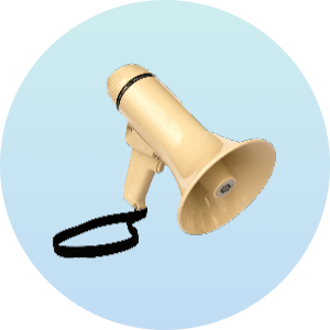 Beige handheld megaphone with a black strap, shown against a light blue background. Ideal for amplifying voice during outdoor events and gatherings.