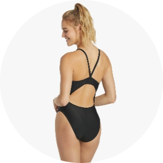 Woman wearing a black one-piece swimsuit with a racerback design, showcasing the back view. Ideal for competitive swimming and training sessions.