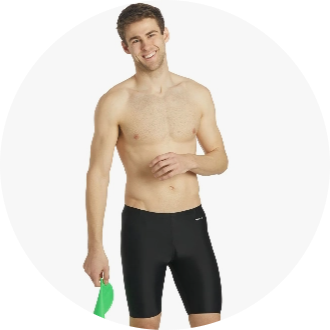 Male swimmer wearing black swim jammers, holding green swim paddles. Ideal swimwear for competitive swimming and training sessions.
