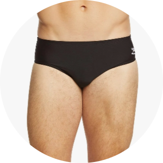 Men's black swim brief, modeled to show front view. Ideal for competitive swimming and training sessions.