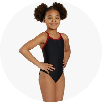 Girl wearing a black one-piece swimsuit with red trim, posing confidently. The swimsuit is designed for competitive swimming and offers a comfortable fit.