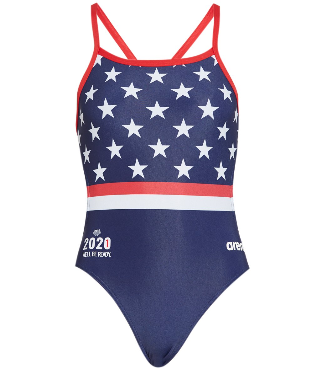 Usa Swimming Arena Women's 2021 We'll Be Ready National Team Challenge Back One Piece Swimsuit - Navy/Multi 24 Polyester - Swimoutlet.com