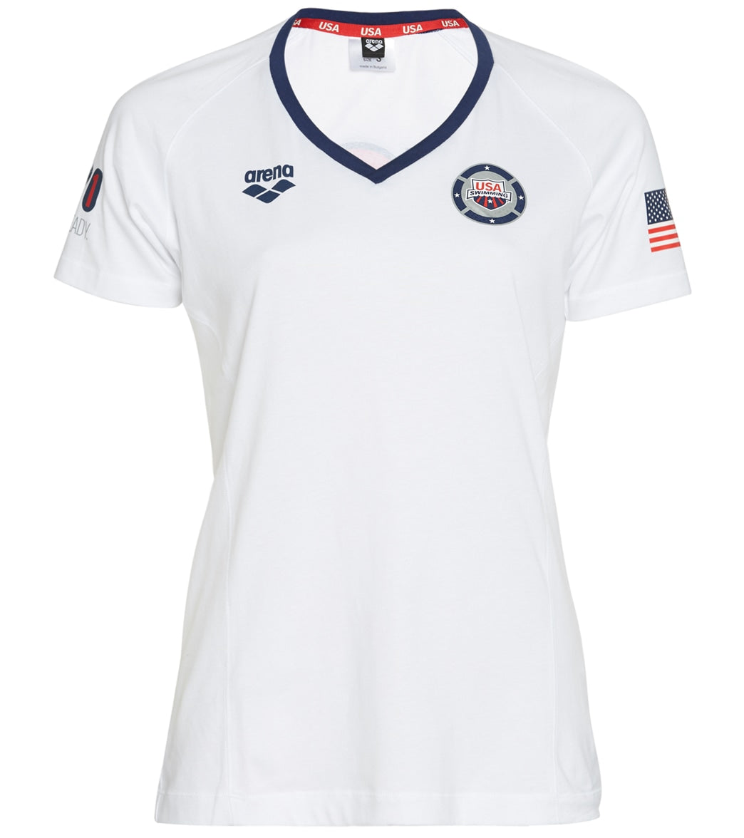 Usa Swimming Arena Women's 2021 We'll Be Ready National Team Short Sleeve Tee Shirt - White/Navy Xxs Size X-Small Cotton - Swimoutlet.com