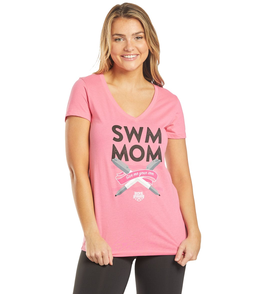 Usa Swimming Women's Swim Mom Duties V-Neck T-Shirt - Hot Pink Medium Size Medium Cotton/Polyester - Swimoutlet.com