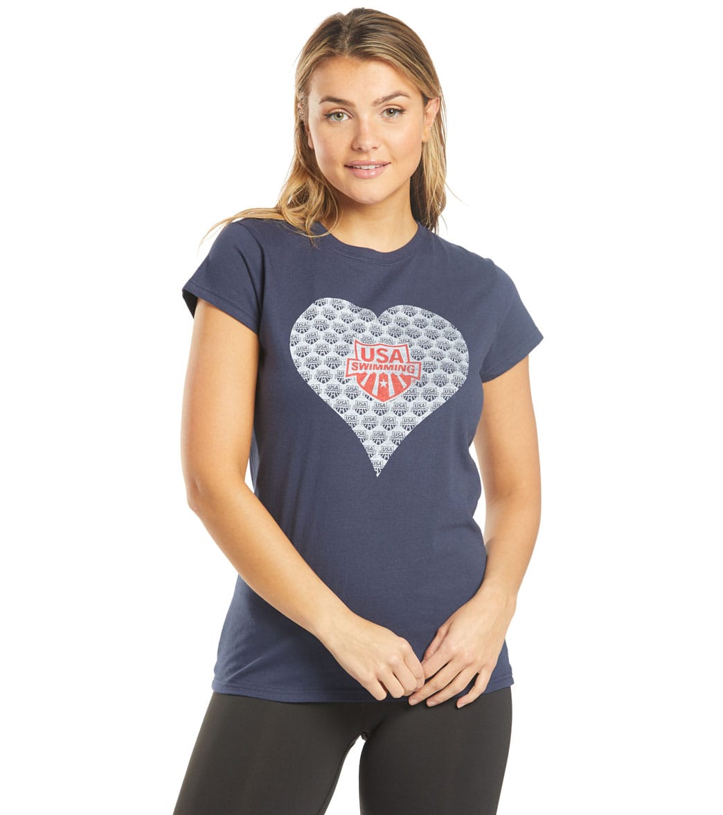 Usa Swimming Women's Heart Crew Neck T-Shirt - Navy Medium Size Medium Cotton - Swimoutlet.com