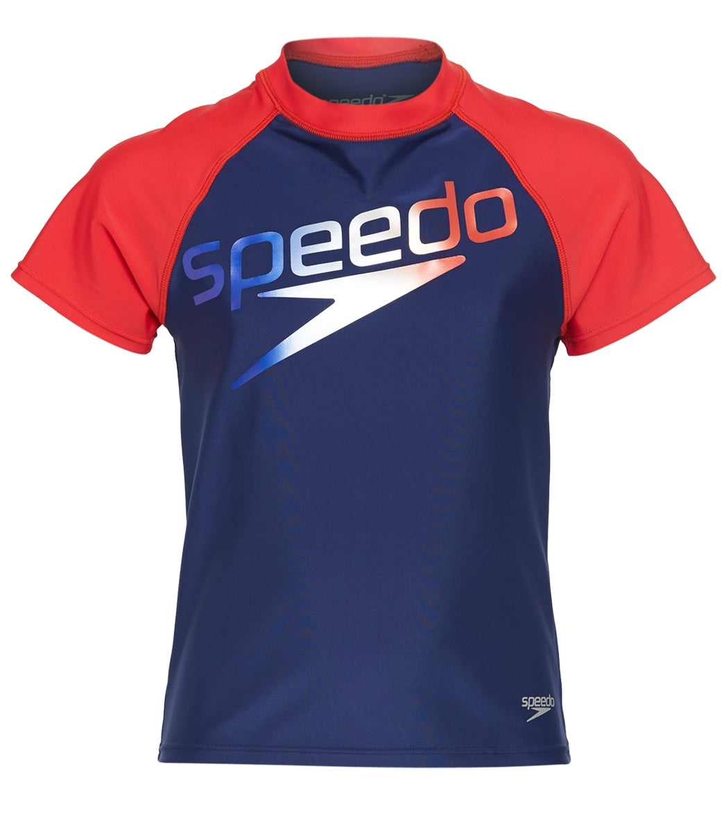 Speedo Girls' Short Sleeve Logo Rashguard Big Kid - Red/White/Blue Small 7/8 - Swimoutlet.com