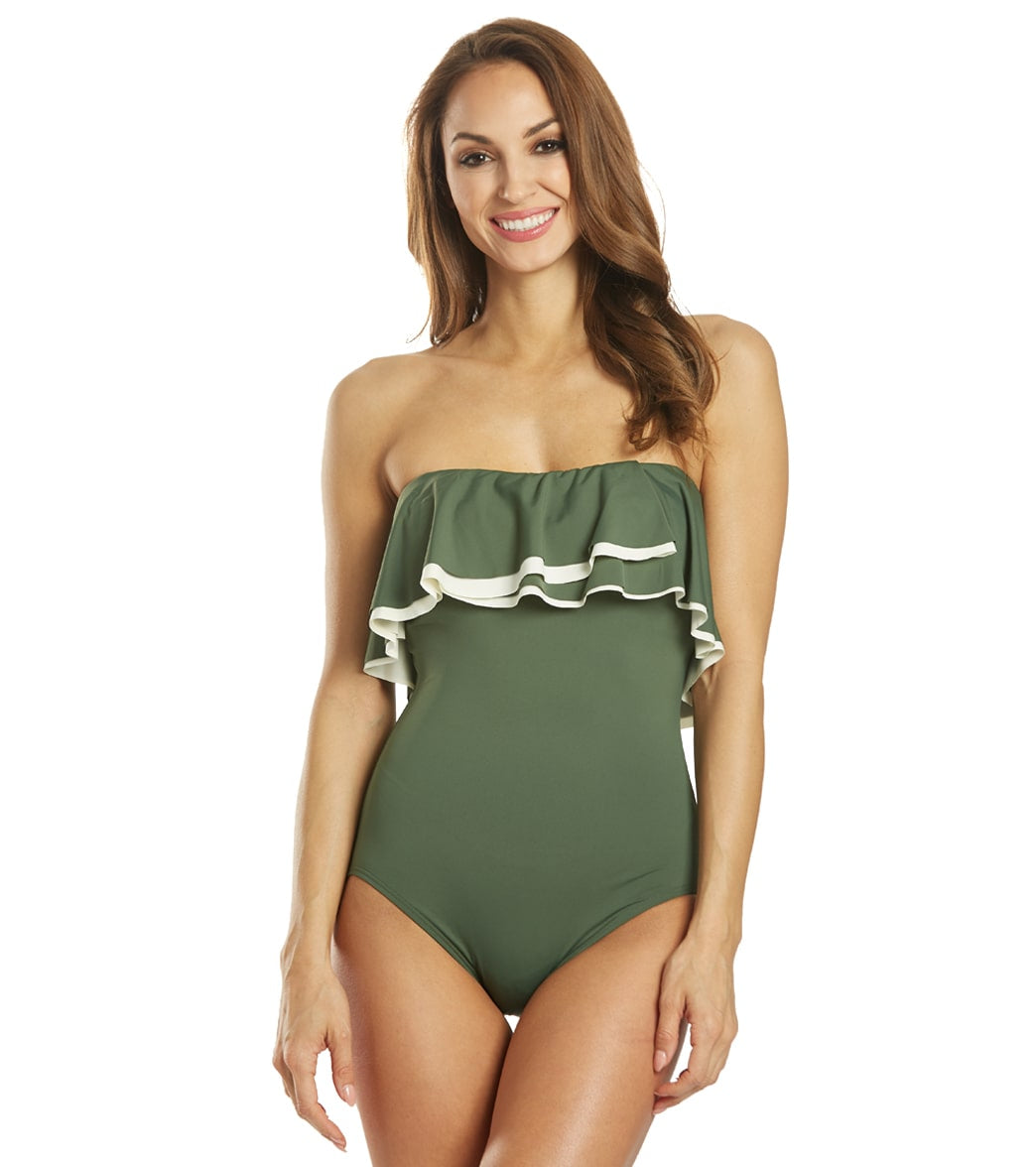 Coco Reef Contours Keepsake Agate Ruffle Bandeau One Piece Swimsuit C/D Cup - Olive 10/34D - Swimoutlet.com