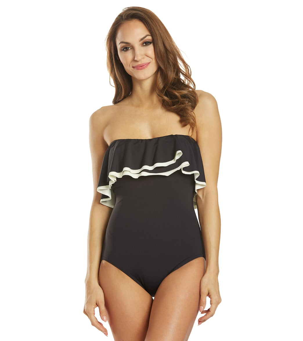 Coco Reef Contours Keepsake Agate Ruffle Bandeau One Piece Swimsuit C/D Cup - Black 10/34D - Swimoutlet.com