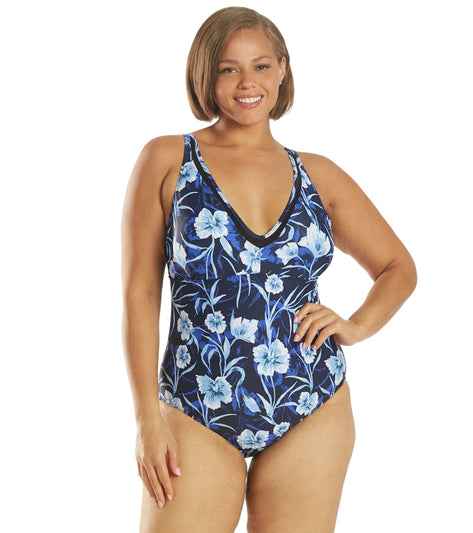 Speedo Plus Size Active Print V Neck Chlorine Resistant One Piece