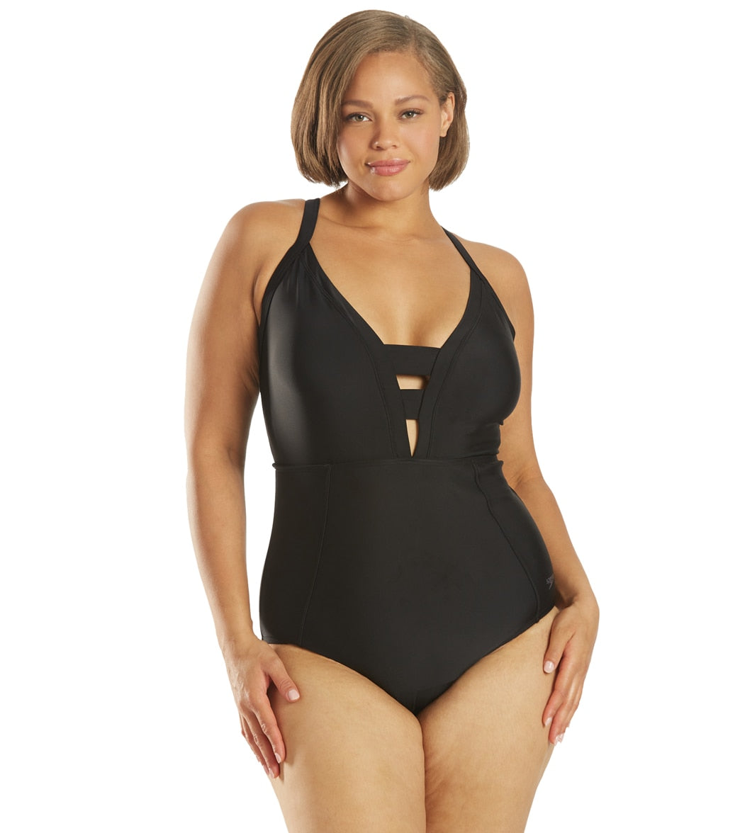 Speedo Plus Size Active Chlorine Resistant Plunge V Neck One Piece Swimsuit - Black 18 - Swimoutlet.com