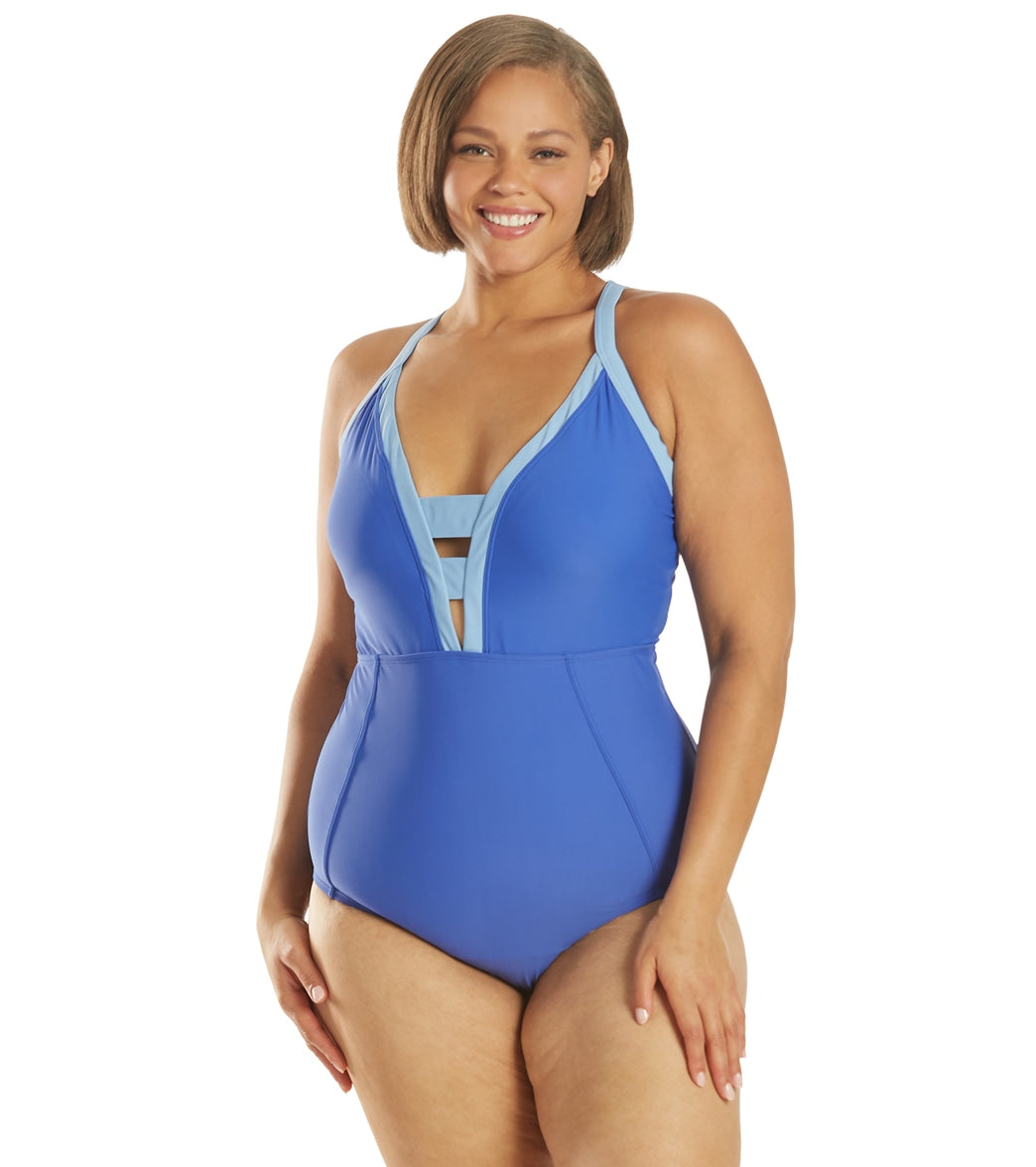 Speedo Plus Size Active Chlorine Resistant Plunge V Neck One Piece Swimsuit - Hyper Blue 18 - Swimoutlet.com