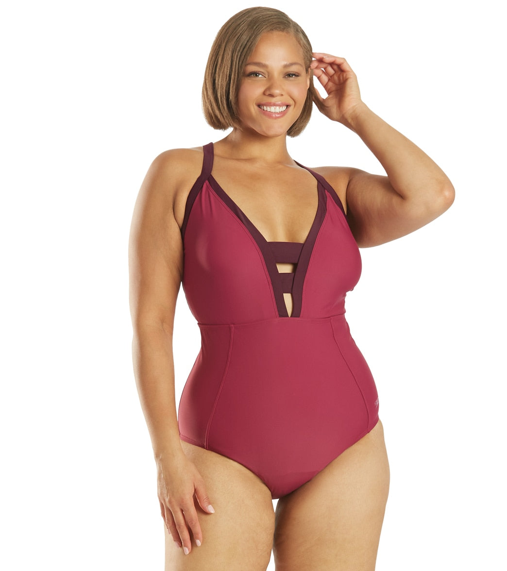 Speedo Plus Size Active Chlorine Resistant Plunge V Neck One Piece Swimsuit - Raspberry Radiance 18 - Swimoutlet.com