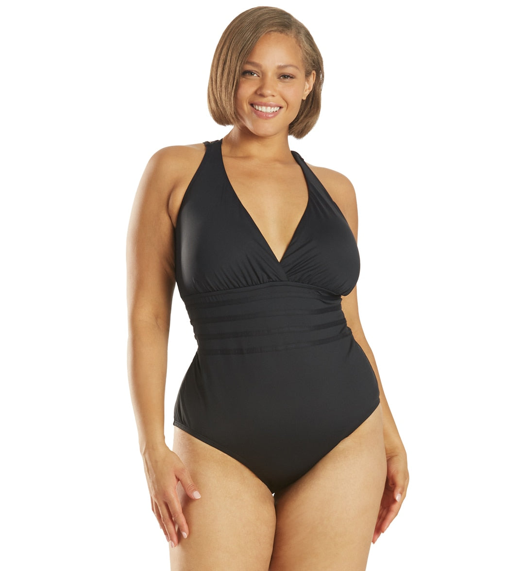 Beach Belle One Piece Swimsuit Womans Plus Size 24 Black & White W/Sarong  NWT