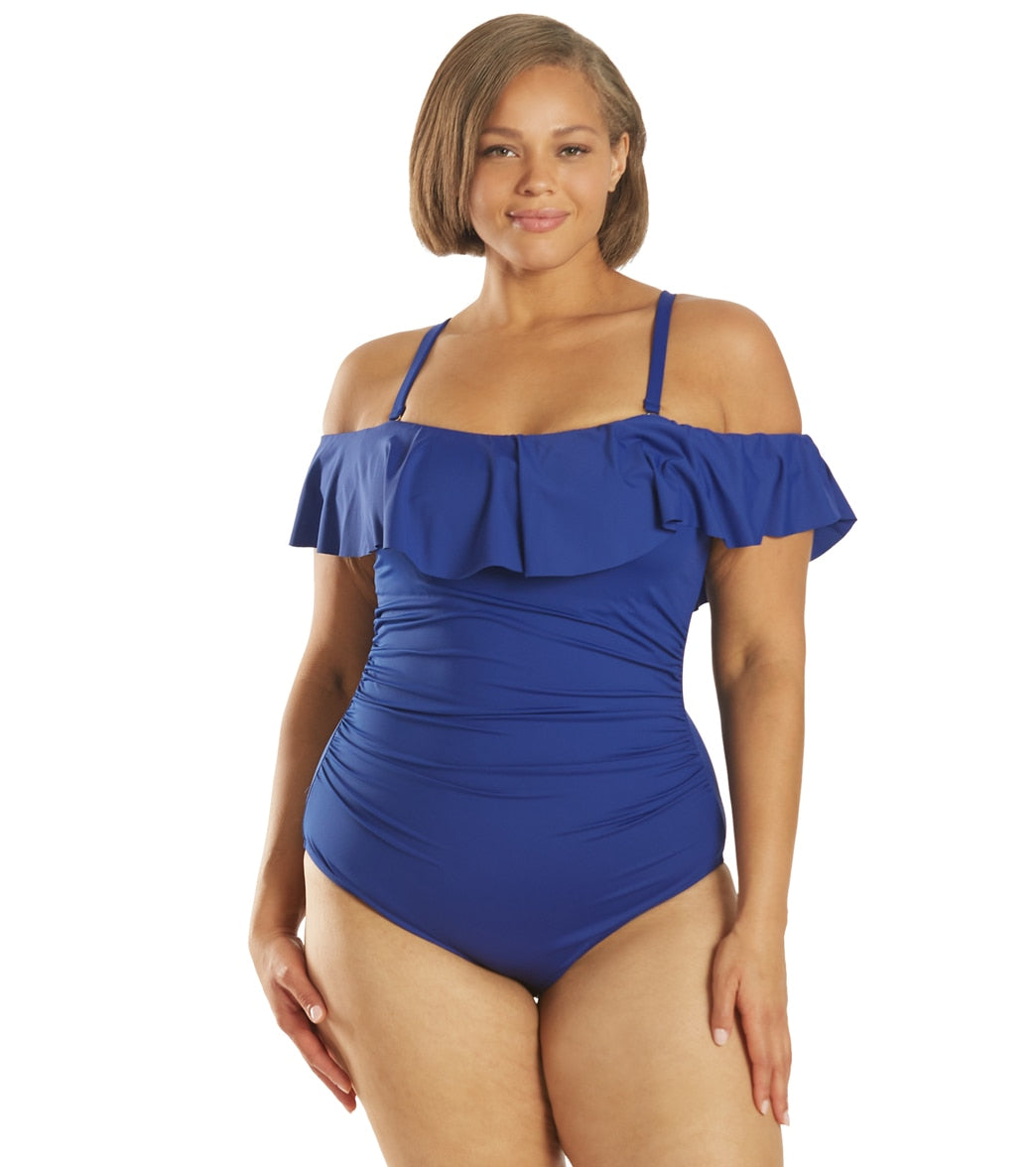 La Blanca Plus Size Island Goddess Off Shoulder Ruffle One Piece Swimsuit - Blueberry 18W - Swimoutlet.com
